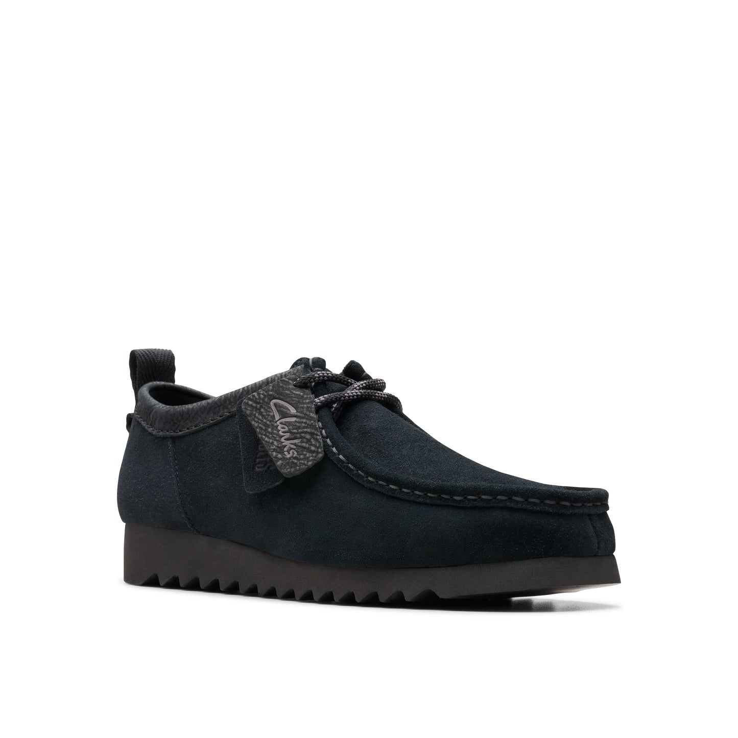 Low-profile, dark navy shoe with a grey collar and patterned laces.