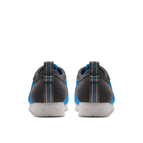 Rear view of two blue and grey low top shoes.
