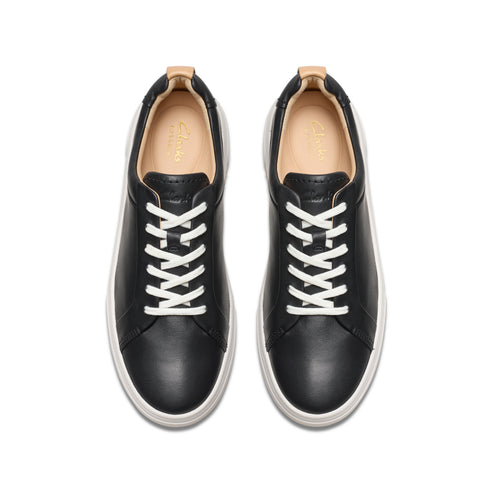 Overhead shot of black leather sneakers with white laces and white soles.