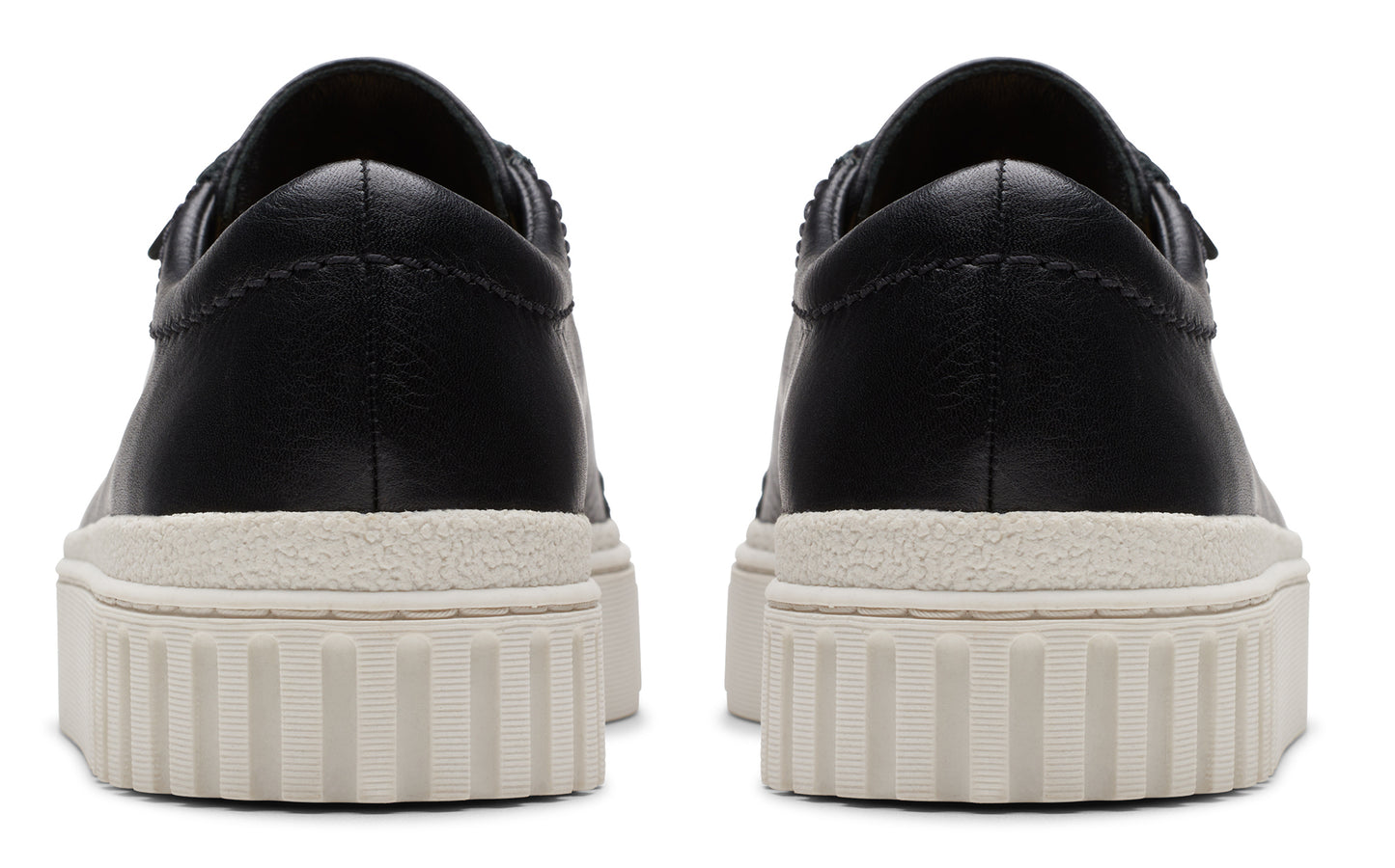 Rear view of pair of black leather sneakers with white ridged soles.