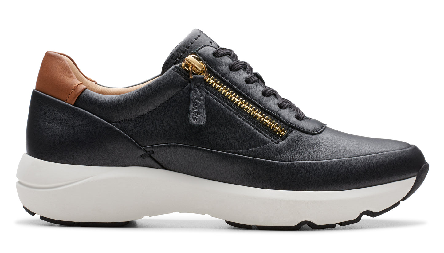 Black leather sneaker with zipper and white sole