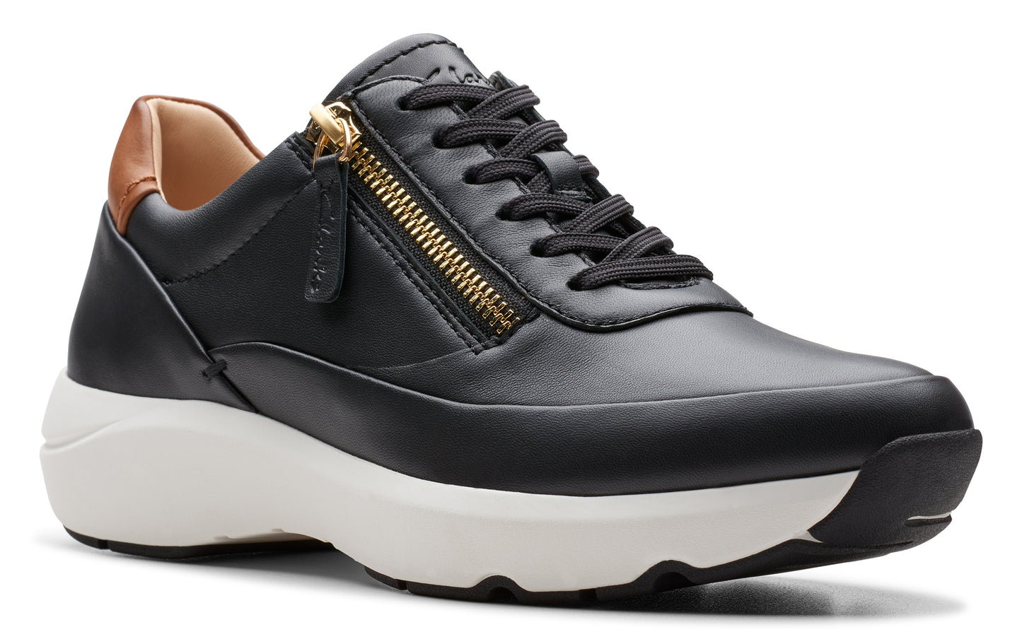 Black leather sneaker with a gold zipper on the side and a white platform sole.