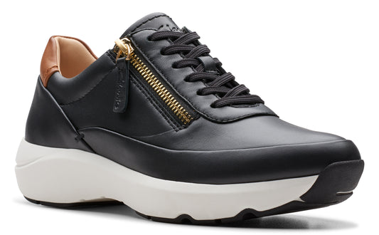 Black leather sneaker with a gold zipper on the side and a white platform sole.