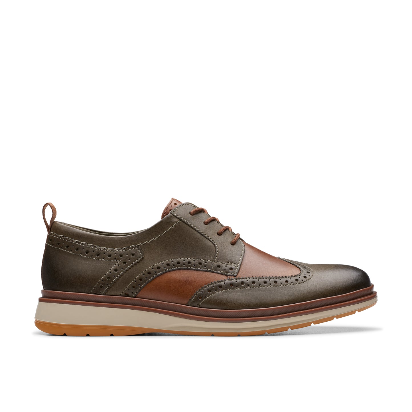 Olive and brown leather wingtip shoe.