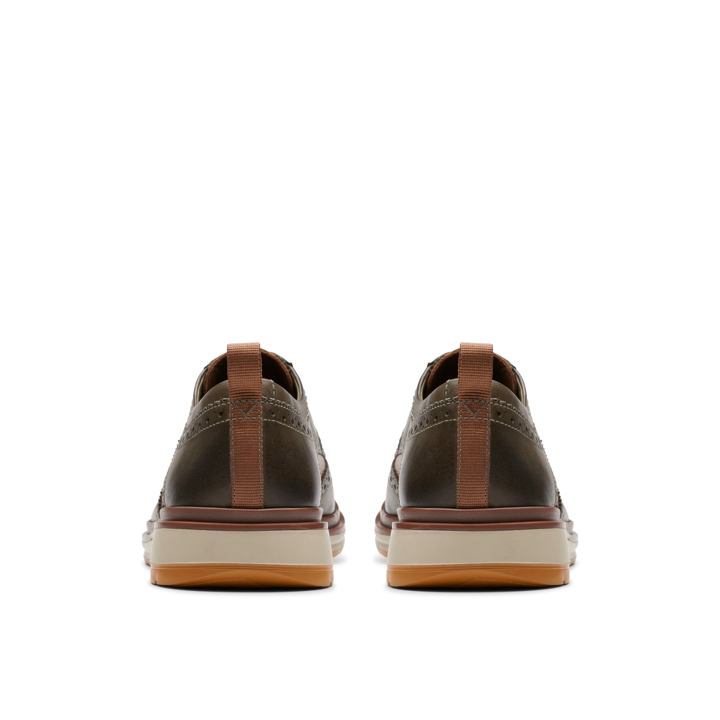 Pair of laced olive-green dress shoes showing tan heel tabs and soles from the rear.