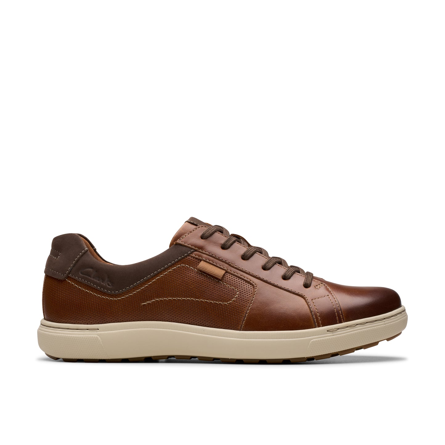 A brown leather casual shoe with matching laces and a tan sole.