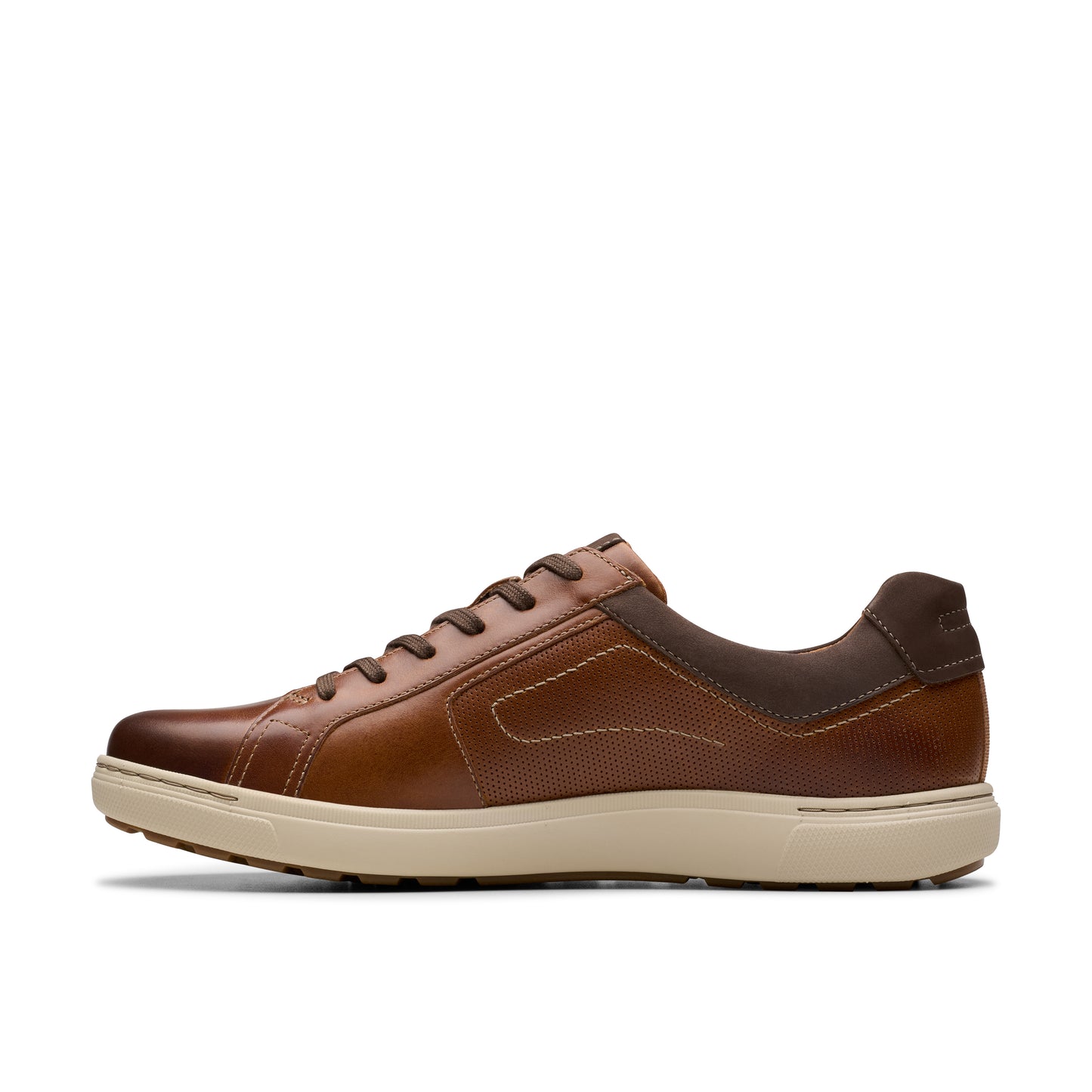 Side view of a brown leather tennis shoe with light-colored sole and dark brown laces.