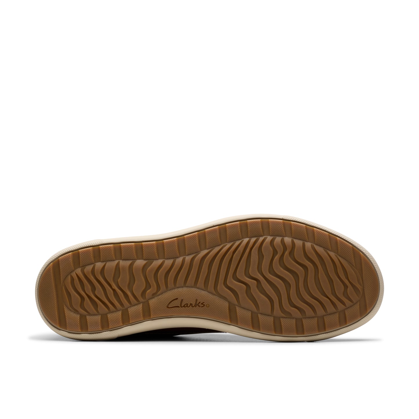 Brown sole with wavy treads and "Clarks" text.