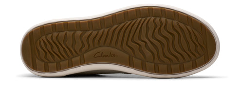 A shoe sole with brown wavy treads and the word Clarks.