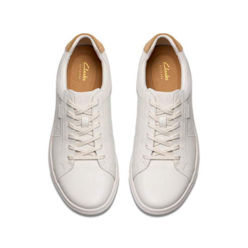 Top-down view of two white leather sneakers with beige lining.