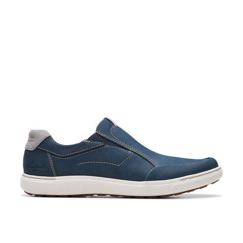 Blue slip-on shoe with grey heel and white sole.