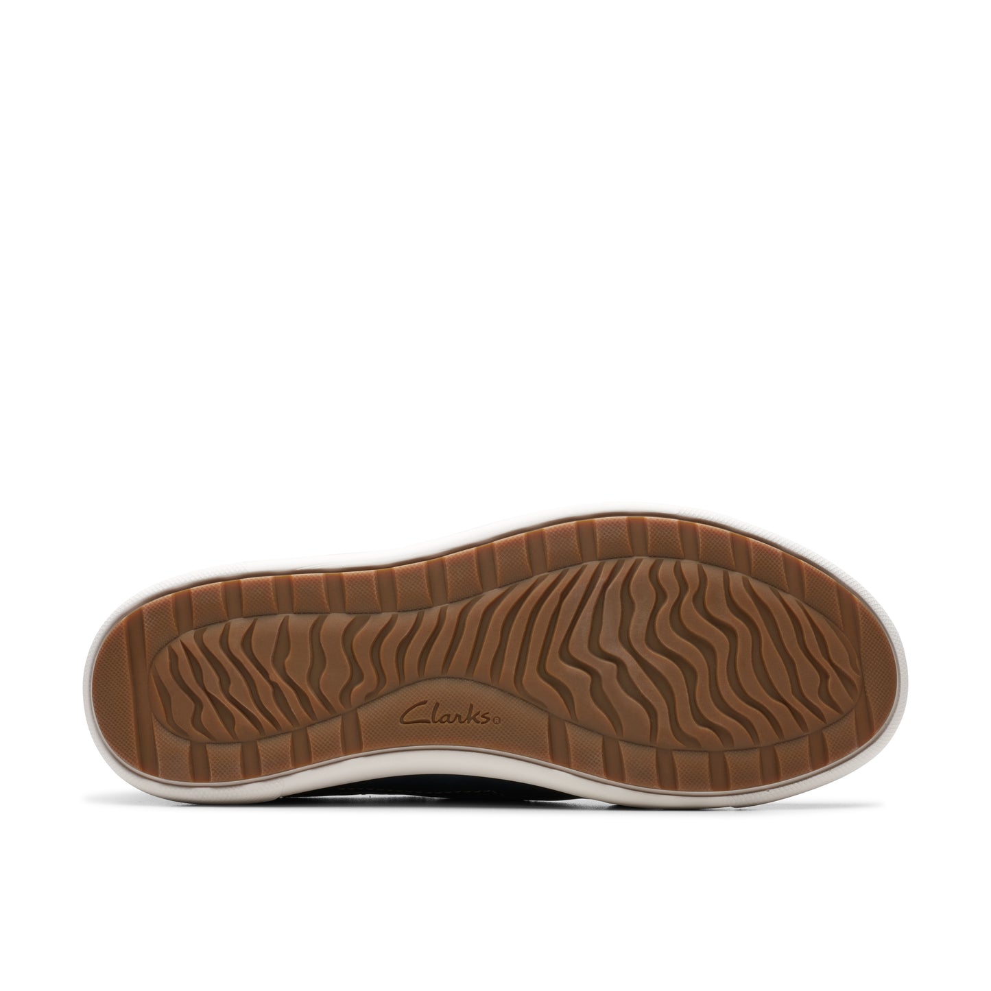 Shoe sole with ridges, and the word "Clarks" in script.