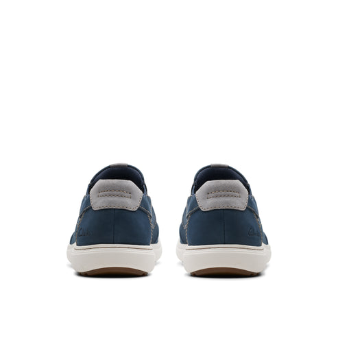 Pair of navy slip-on shoes with grey trim, back view.