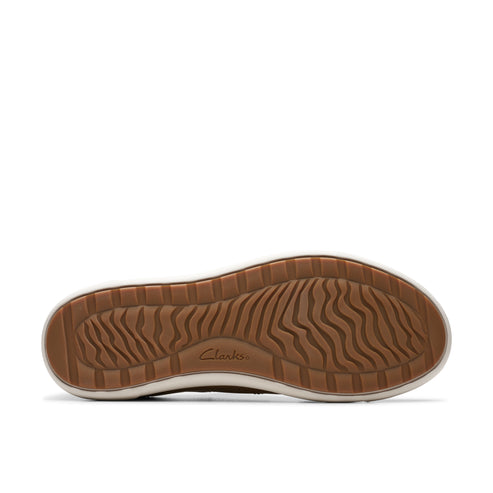 Bottom view of a shoe with brown patterned soles and a white outline.
