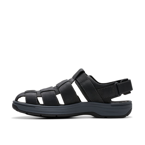 Side-view of a black leather sandal with a thick sole and a basket weave design over the toe area with a velcro strap at the heel.
