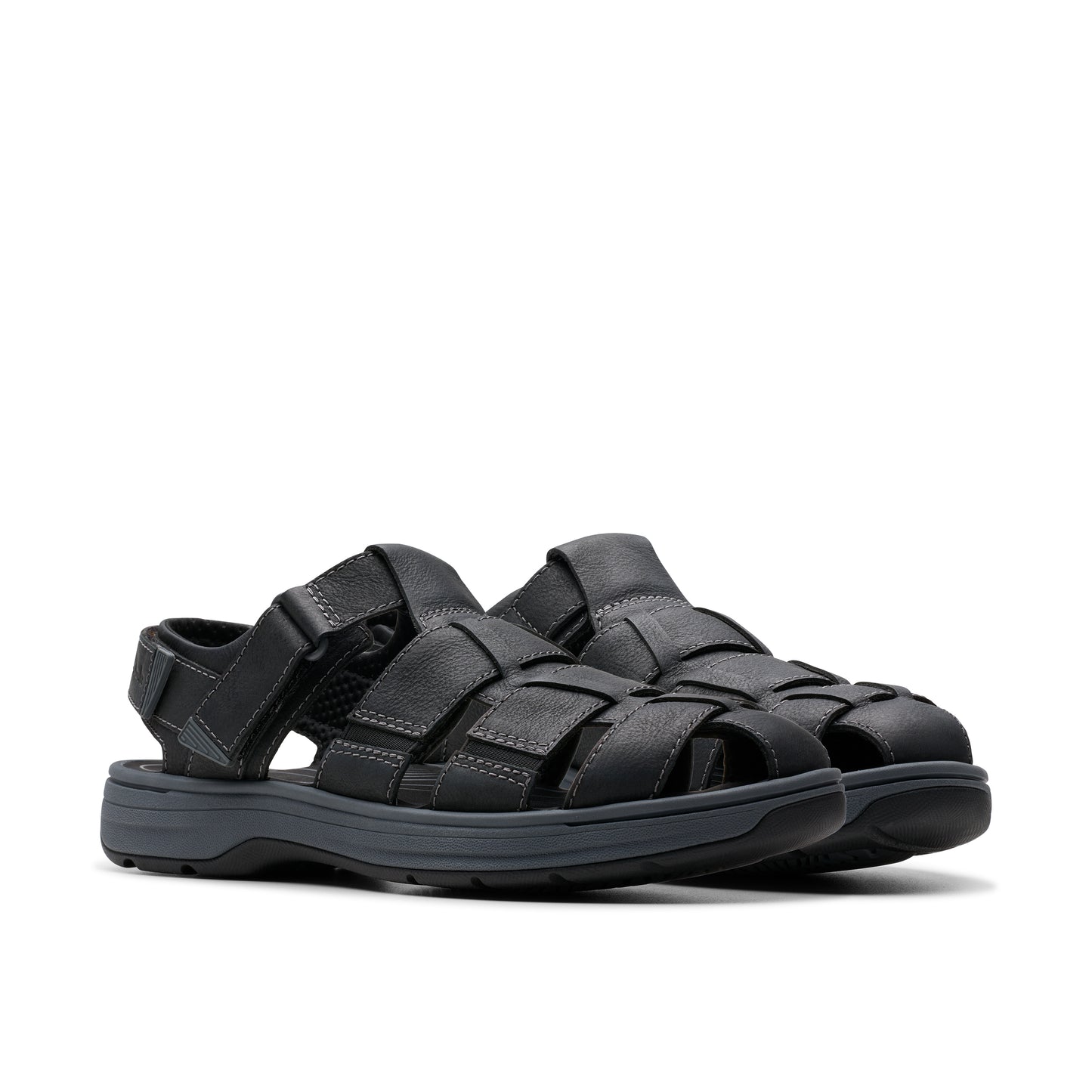 Black leather sandals with woven straps.