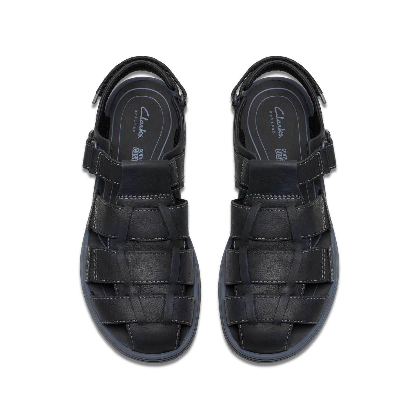 Pair of black, cage-style sandals with velcro straps and cushioned insole, top view.