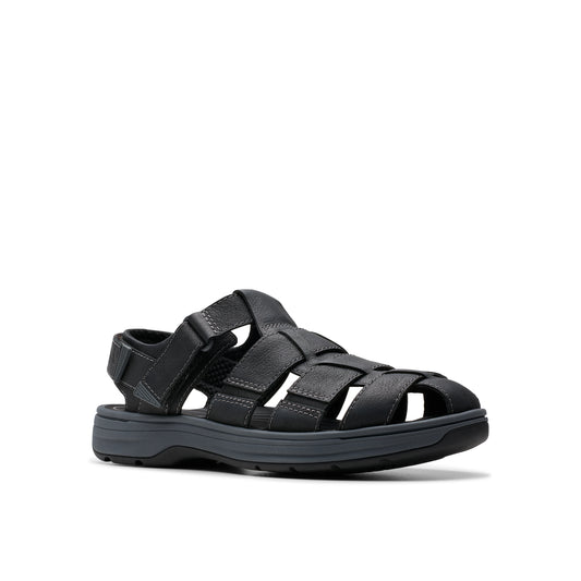 Black fisherman-style sandal featuring woven leather straps and an adjustable velcro heel strap.