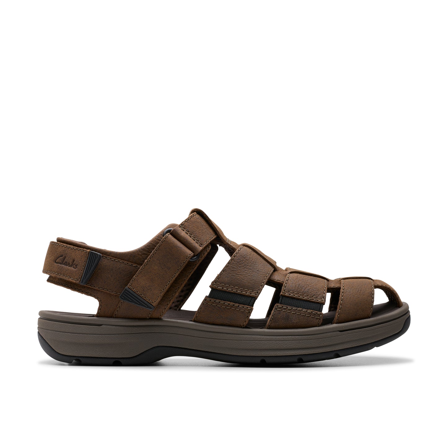 Brown leather sandal with hook-and-loop closure.
