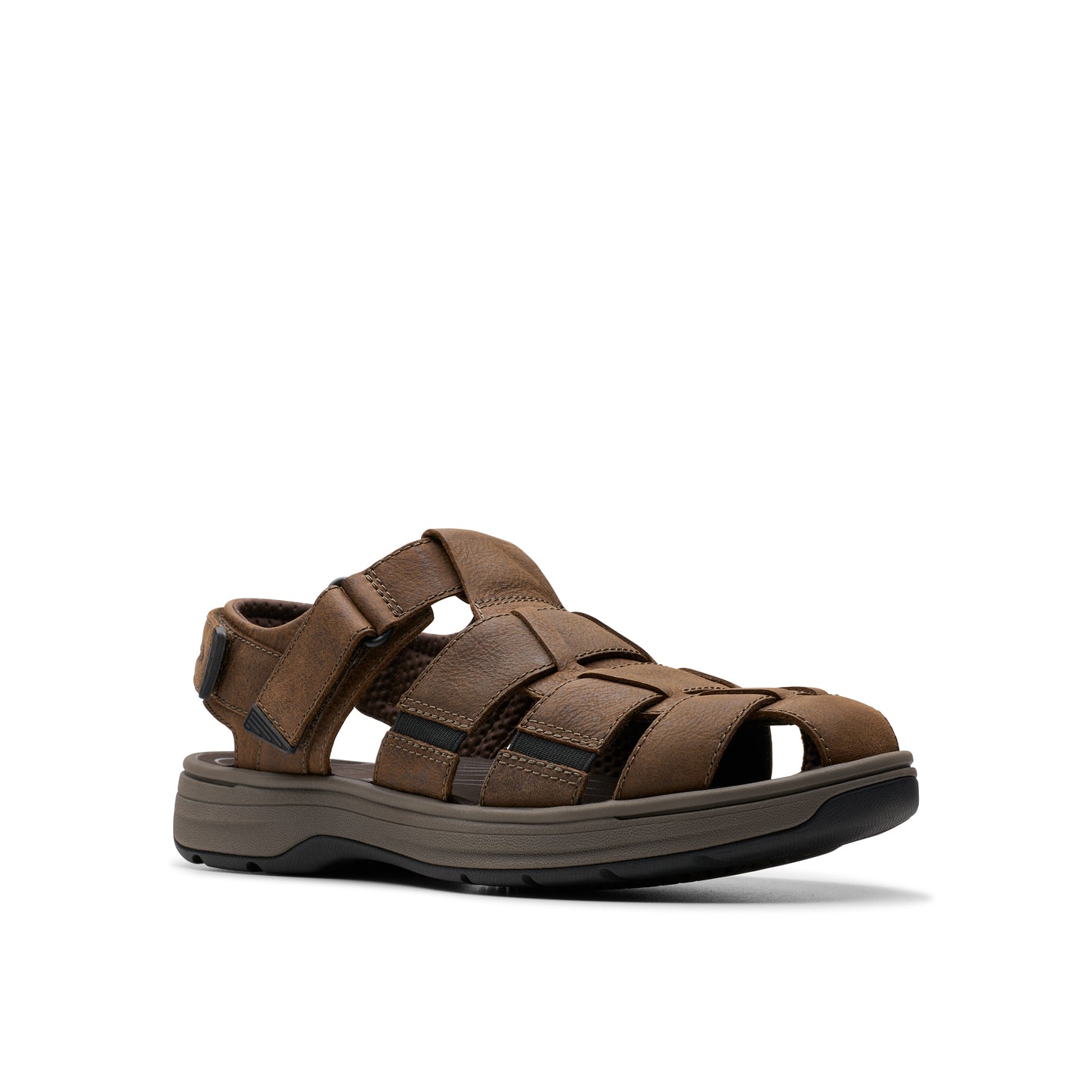 Brown leather fisherman sandal with adjustable hook and loop strap.