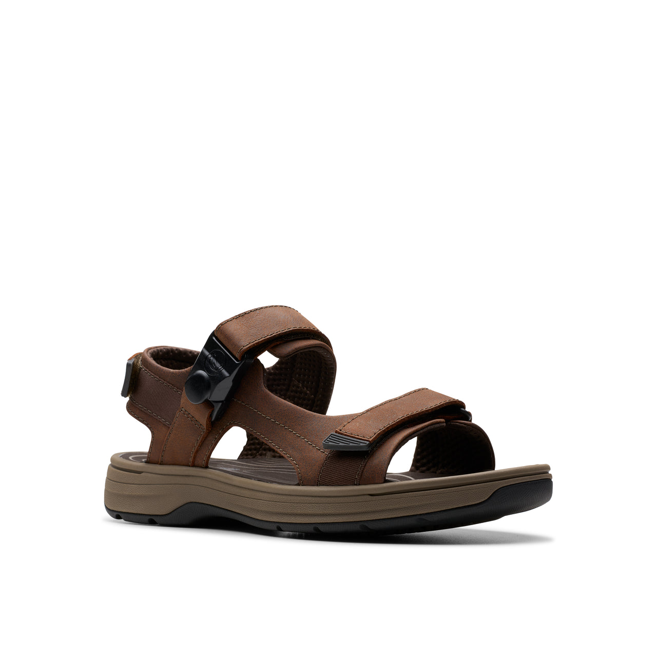 Brown sandal with adjustable straps and buckle.