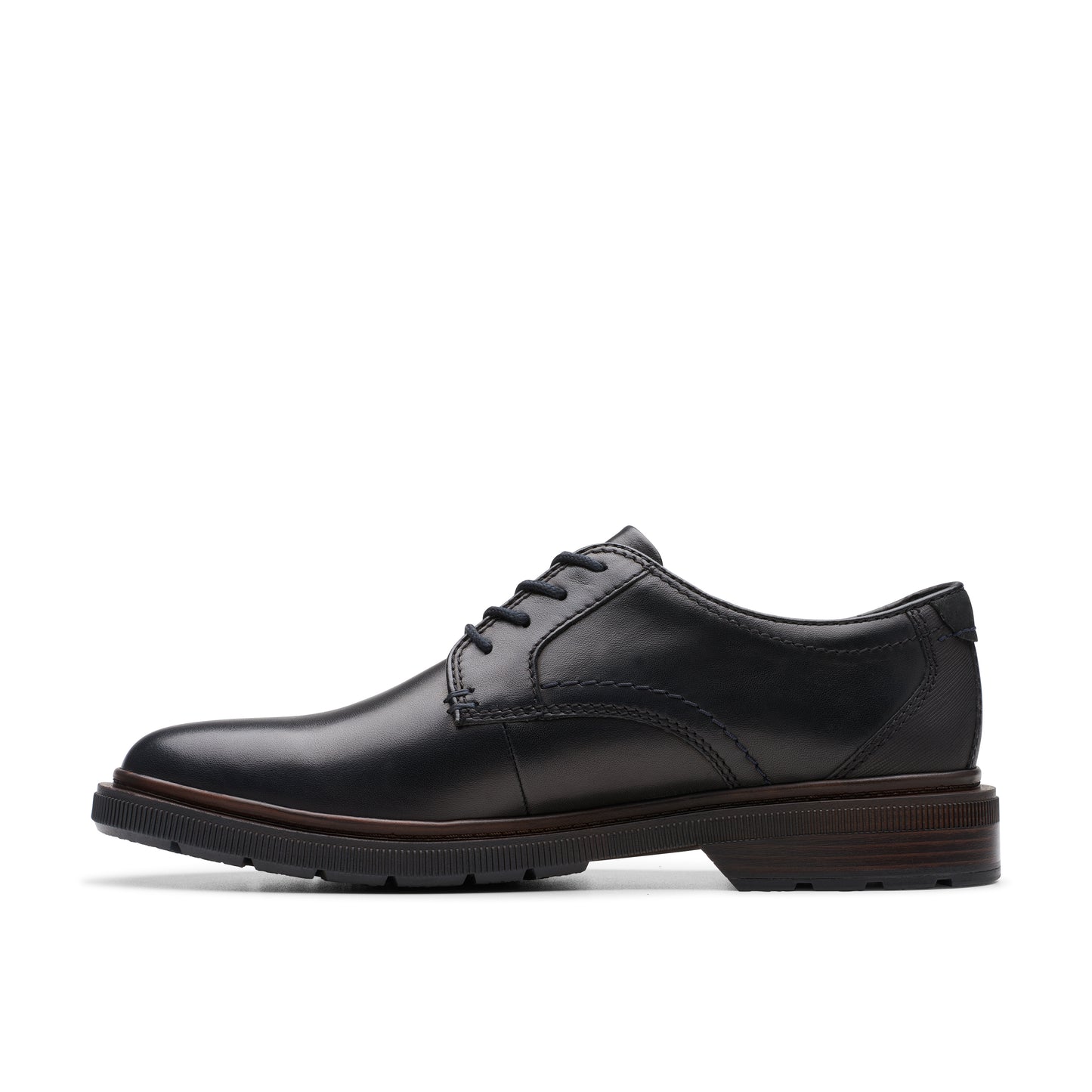 Black leather dress shoe with a rounded toe and a lace-up closure.