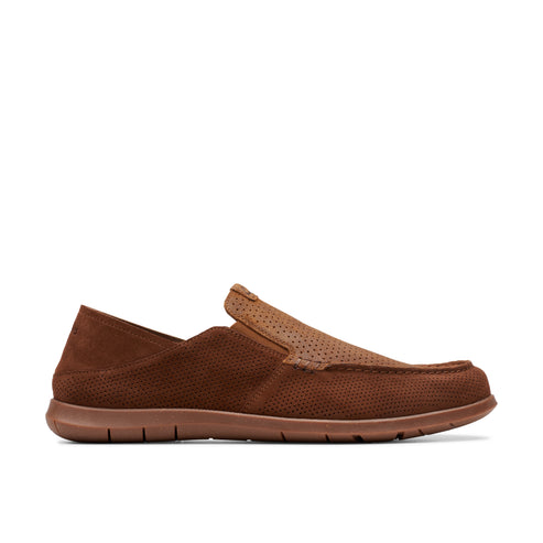 Brown suede perforated slip-on loafer shoe.