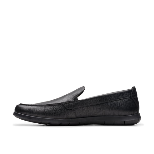 A black leather moccasin shoe with a rounded toe.