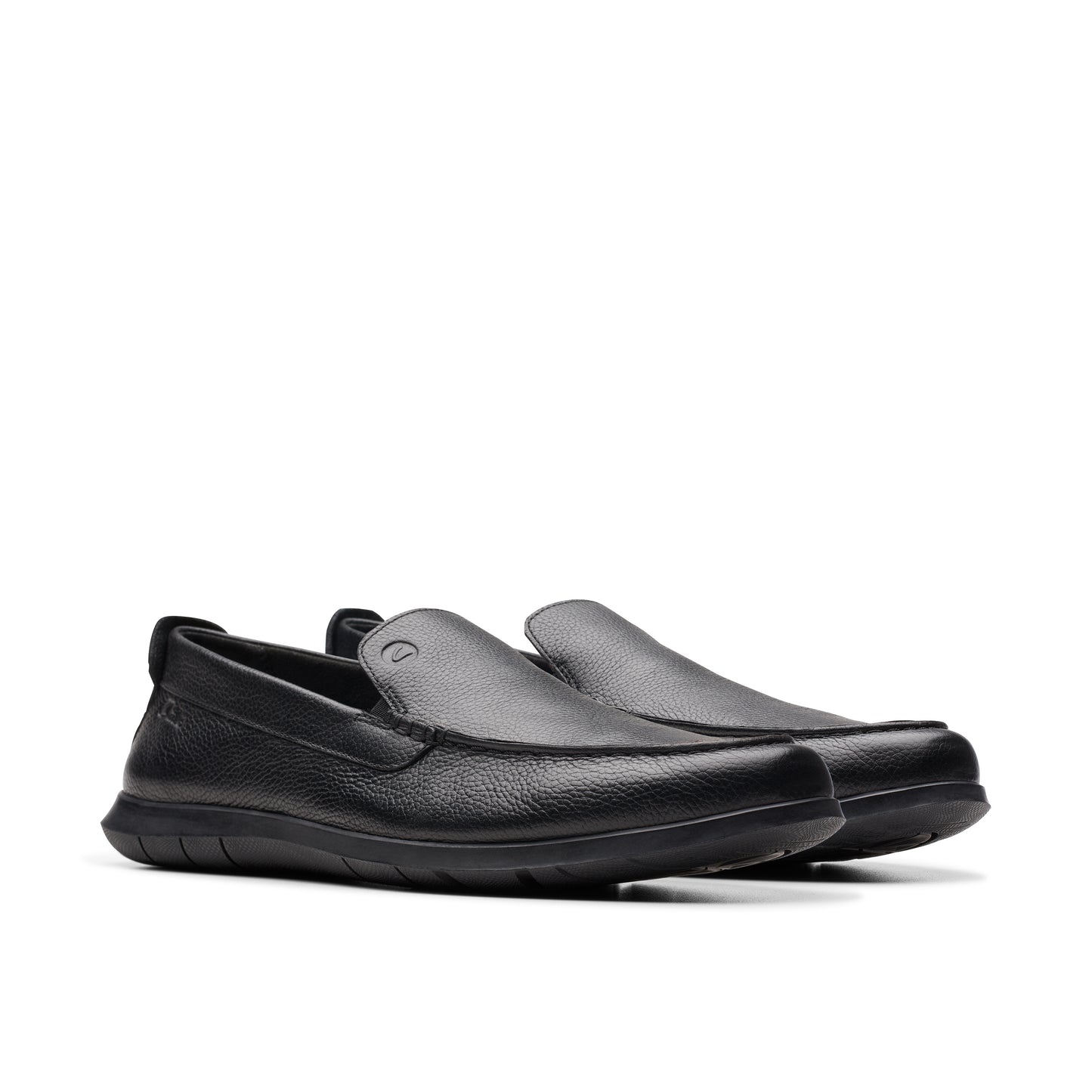 Pair of black leather slip-on dress shoes.
