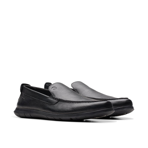 Pair of black leather slip-on dress shoes.