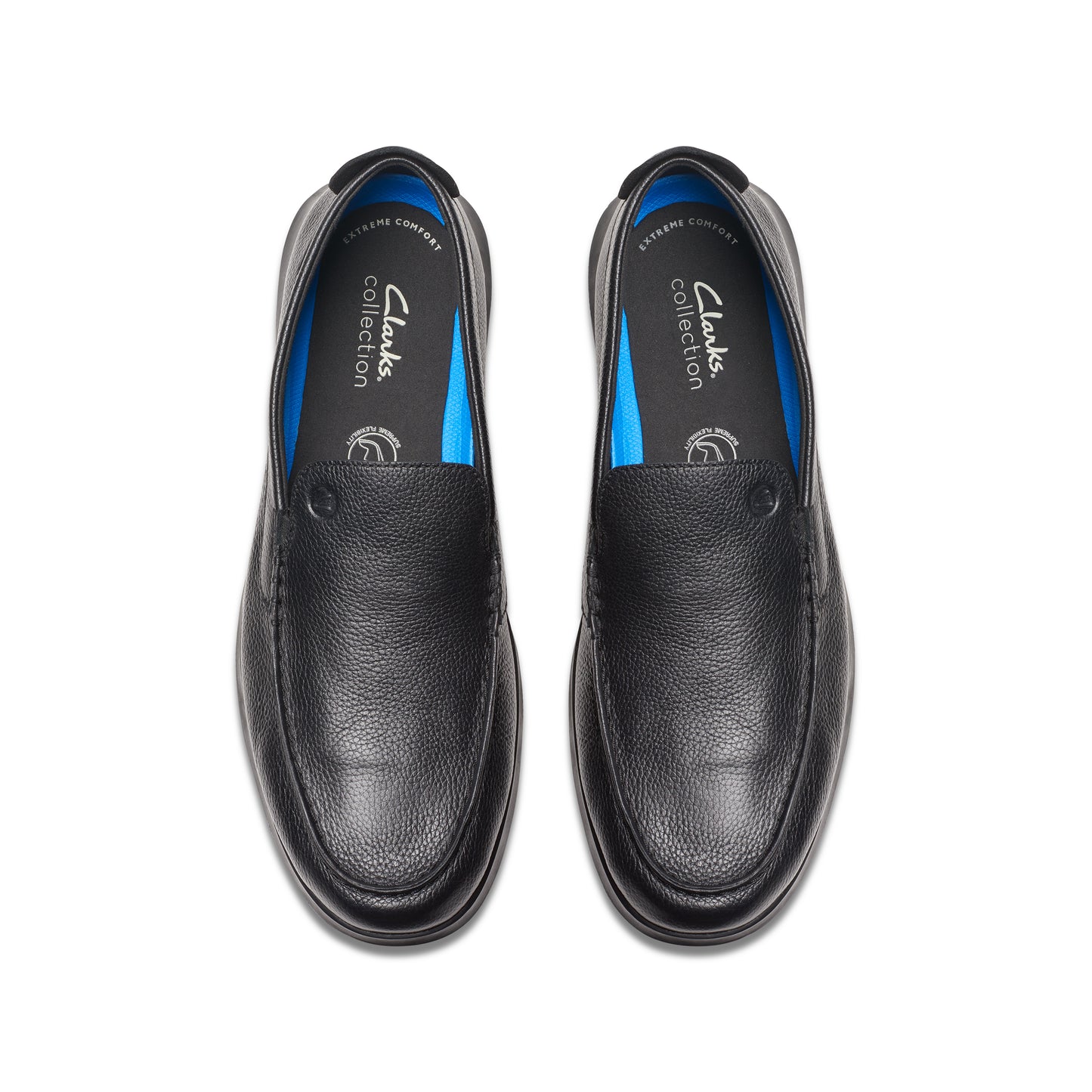 Pair of black leather loafers, top view; "Clarks Collection" printed inside.