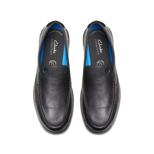 Pair of black leather loafers, top view; "Clarks Collection" printed inside.