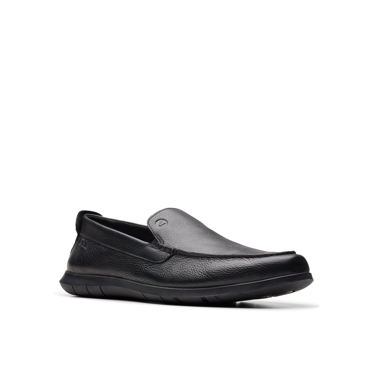 Black leather slip-on loafer with a rounded toe and black sole.