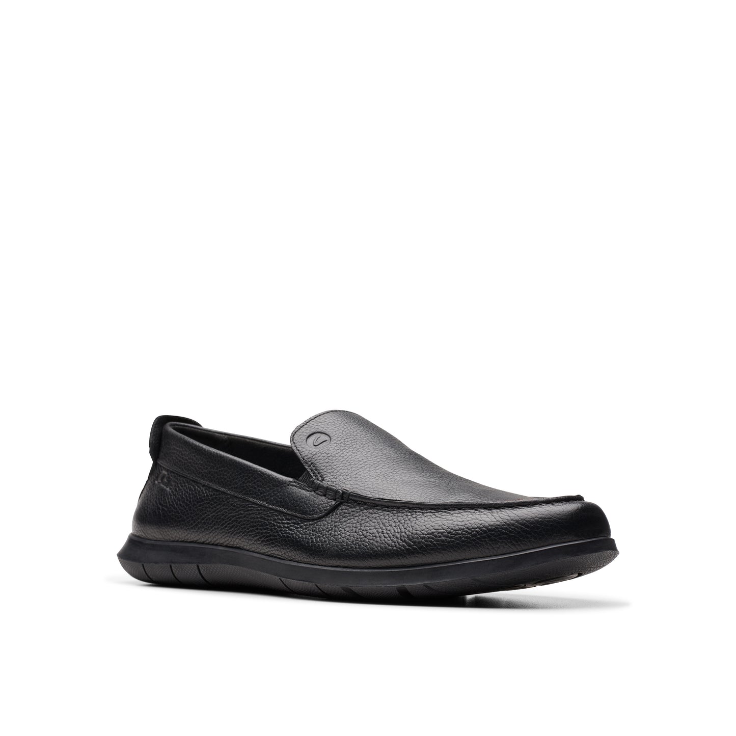 Black leather slip-on loafer with a rounded toe and black sole.
