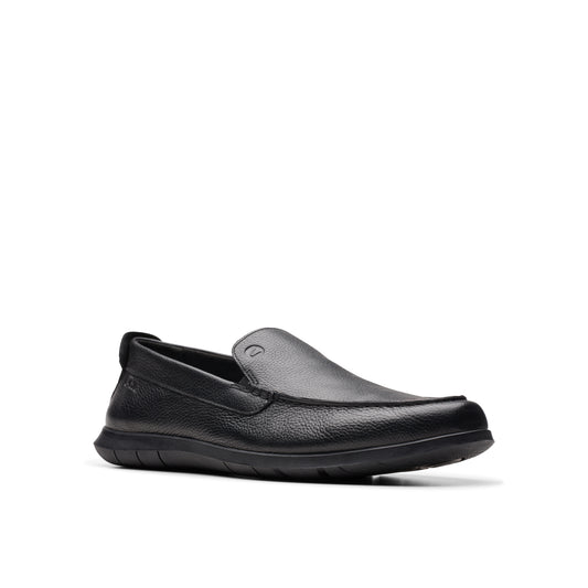 Black leather slip-on loafer with a rounded toe and black sole.