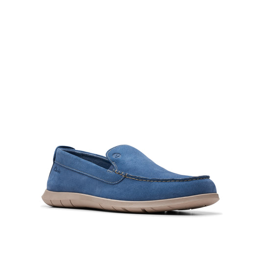 Slip-on blue suede loafer with tan sole.
