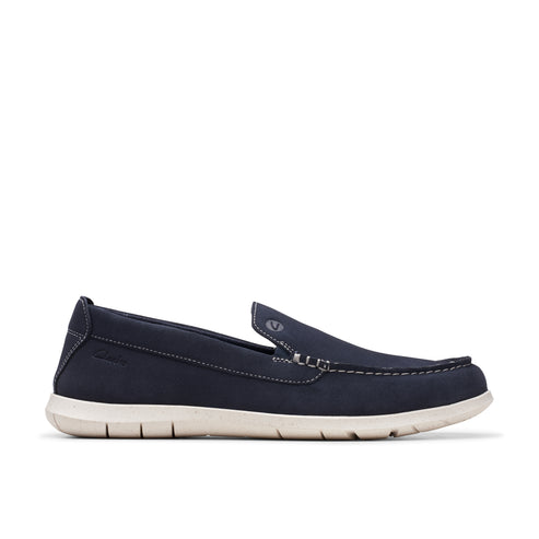 Navy blue moccasin-style loafer with light-colored sole.