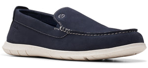 Navy blue moccasin shoe with white stitching and sole.