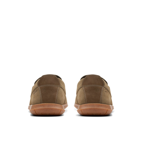 Pair of brown suede moccasins, rear view.