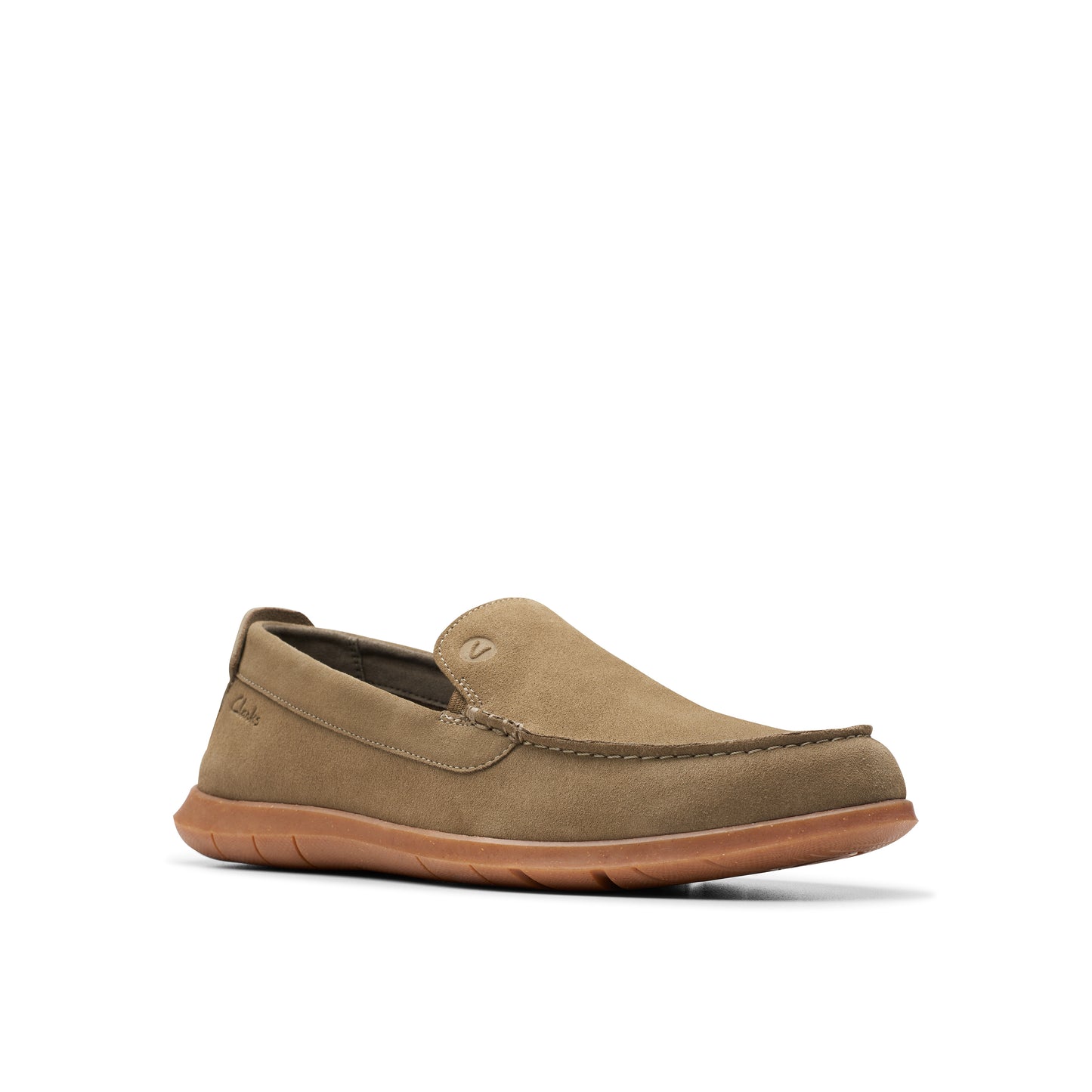 Beige casual slip-on shoe with rounded toe and flat sole.