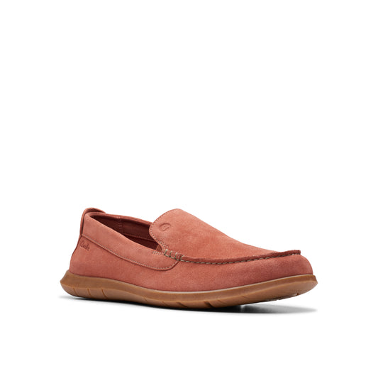 Slip-on moccasin-style shoe in muted red suede with a light brown sole.