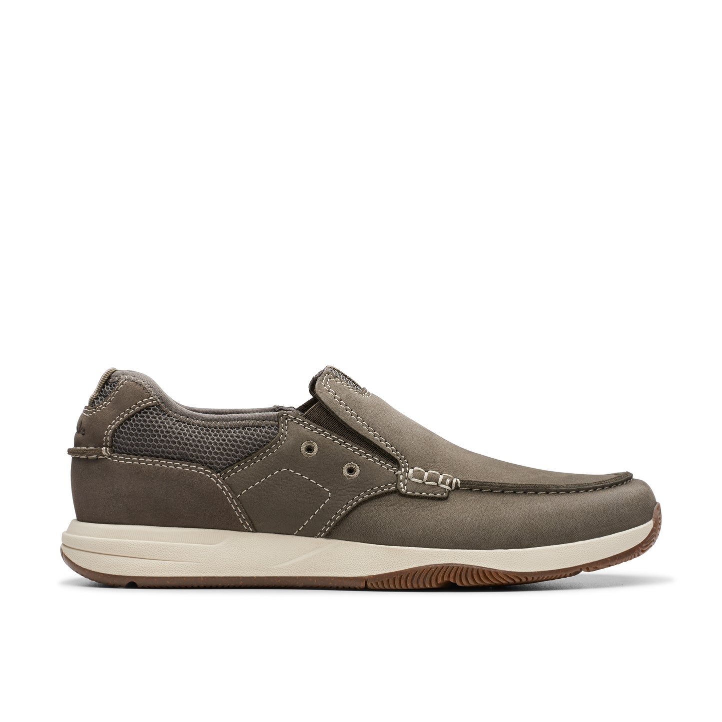 Taupe-colored slip-on boat shoe with visible stitching and a non-skid sole.