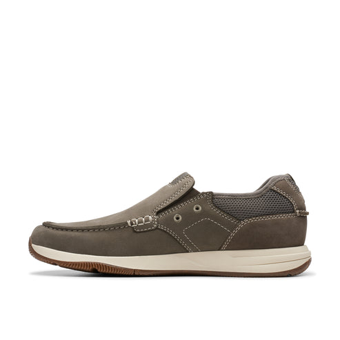 Side view of a gray leather slip-on boat shoe with light beige sole.