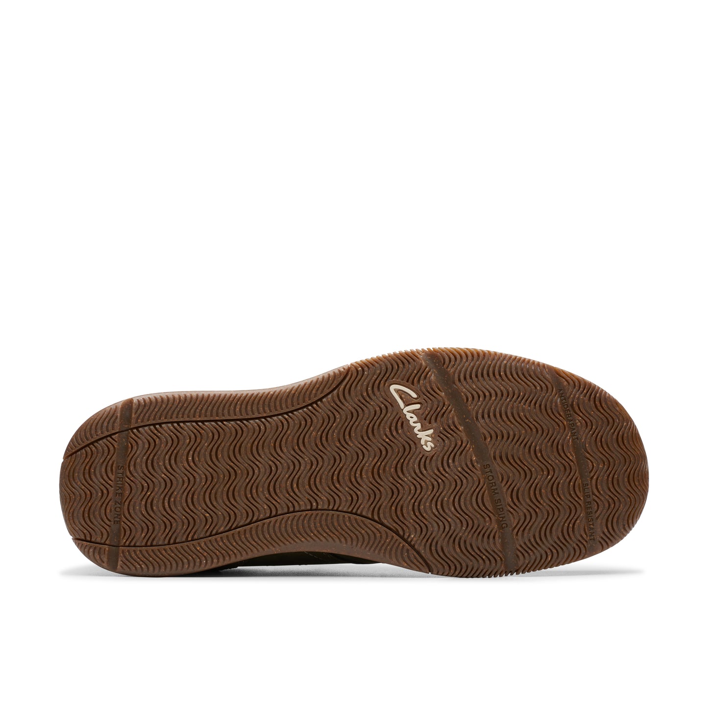 Brown shoe sole with 'Clarks' text and wave pattern.