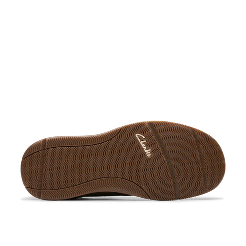 Brown shoe sole with 'Clarks' text and wave pattern.