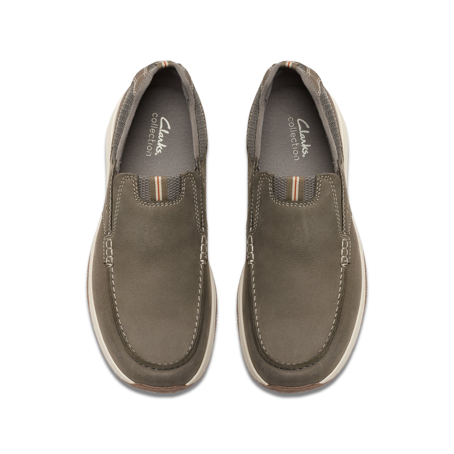 A pair of slip-on grey shoes with white soles and "Clarks Collection" text.