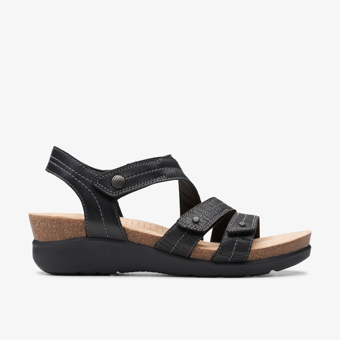 Black leather sandals with adjustable straps.