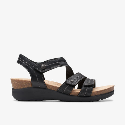 Black leather sandals with adjustable straps.