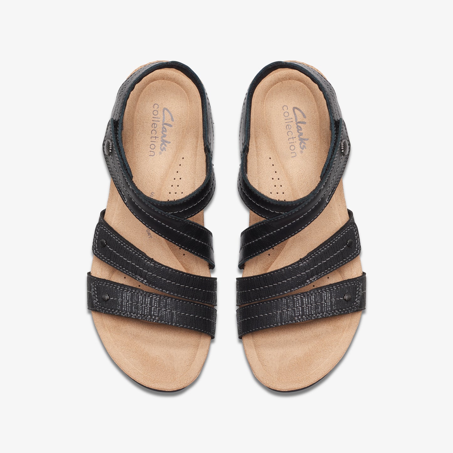 A pair of black sandals with three horizontal straps and a gray heel strap, viewed from above.