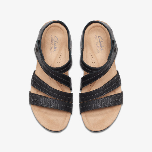 A pair of black sandals with three horizontal straps and a gray heel strap, viewed from above.